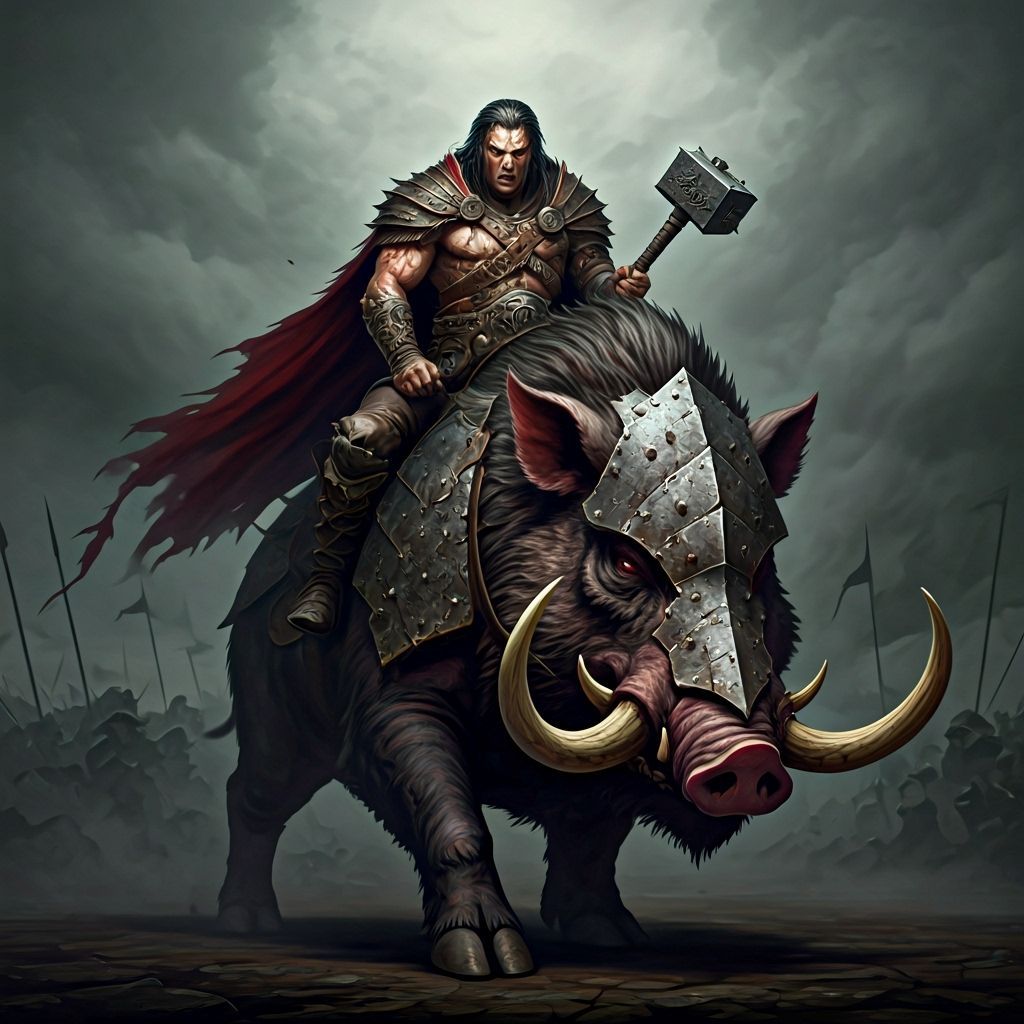 Armored Boar Rider in Dark Fantasy Style