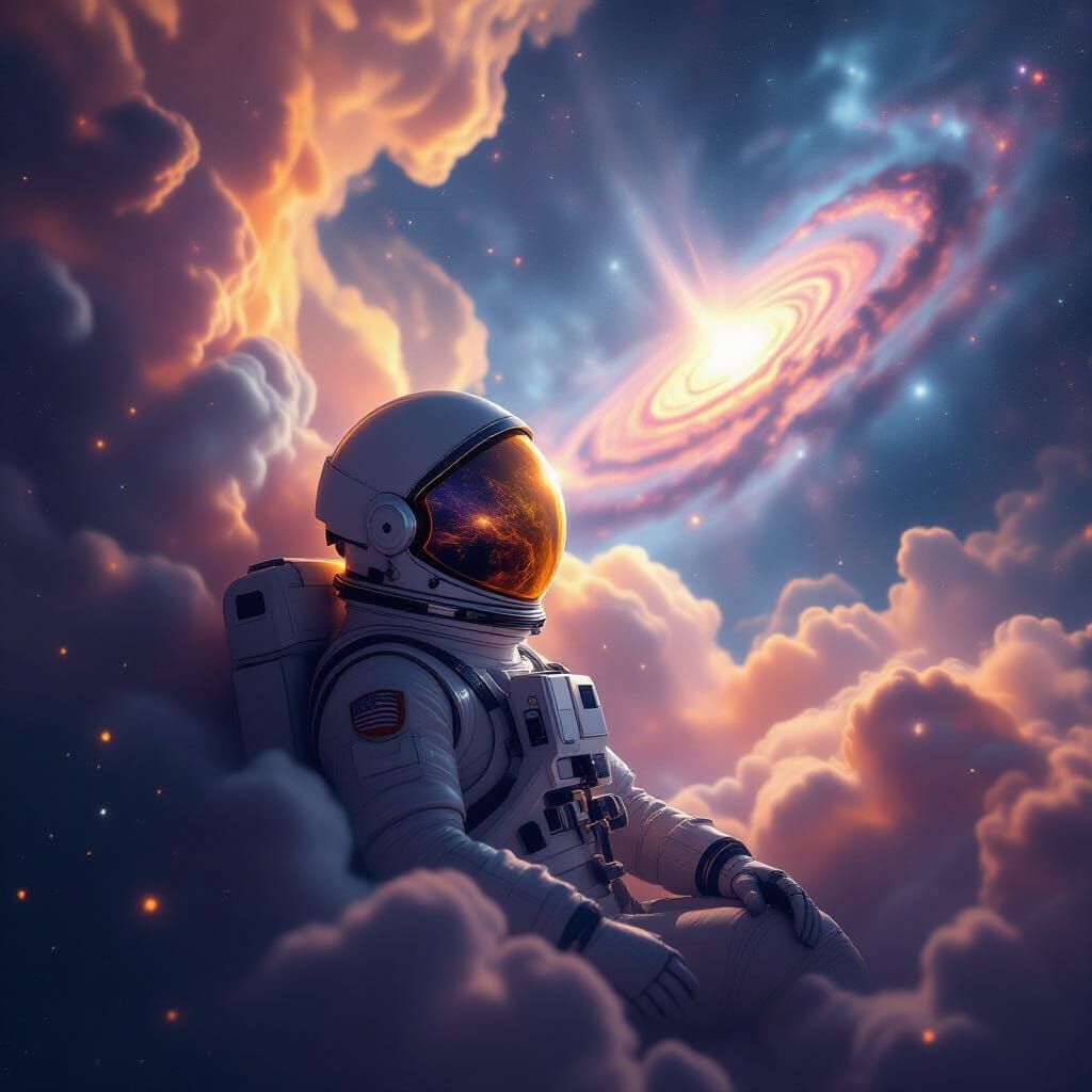 Astronaut Adrift in Cosmic Nebula Reflecting Alien Galaxy
