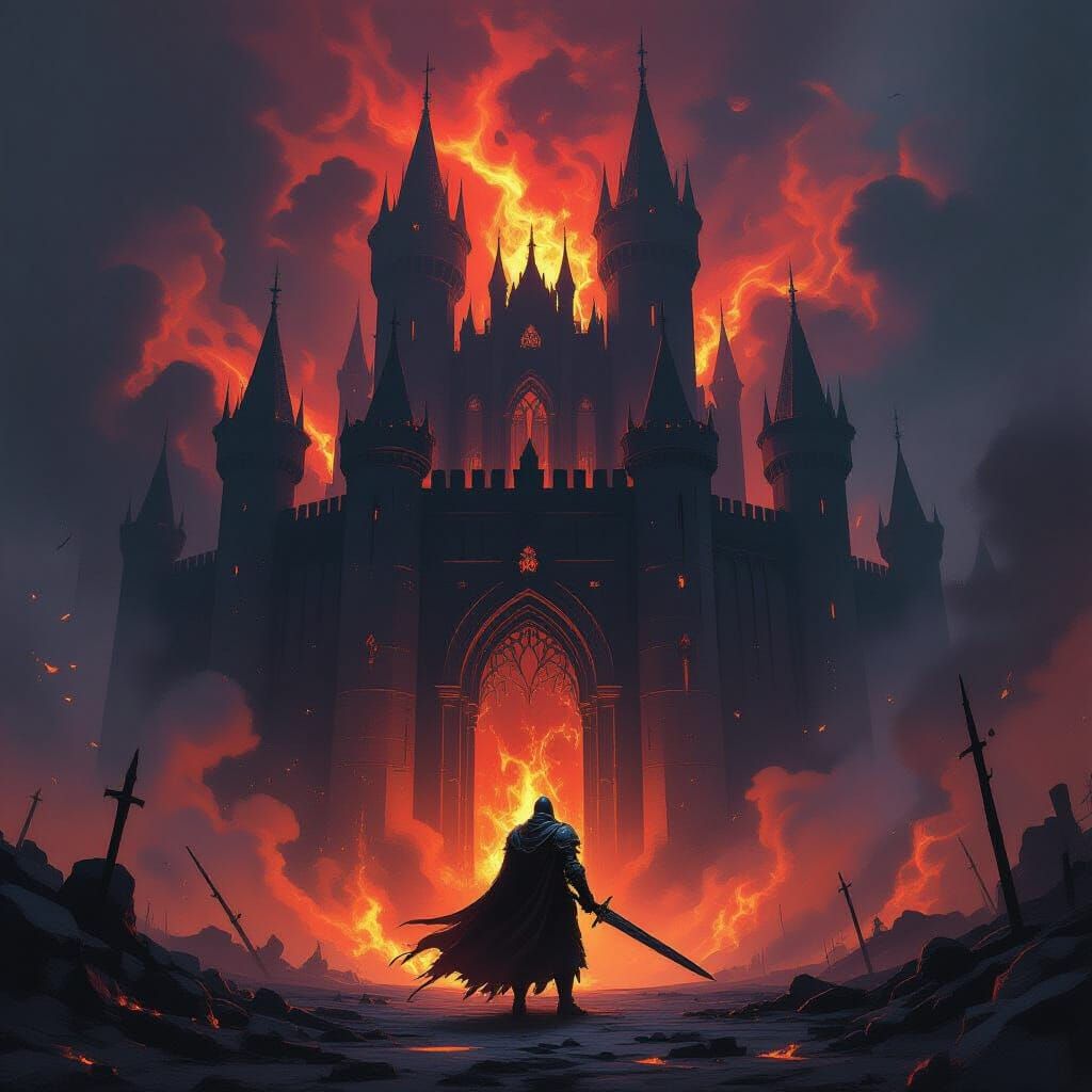 Knight Before Fiery Obsidian Castle in Painterly Style