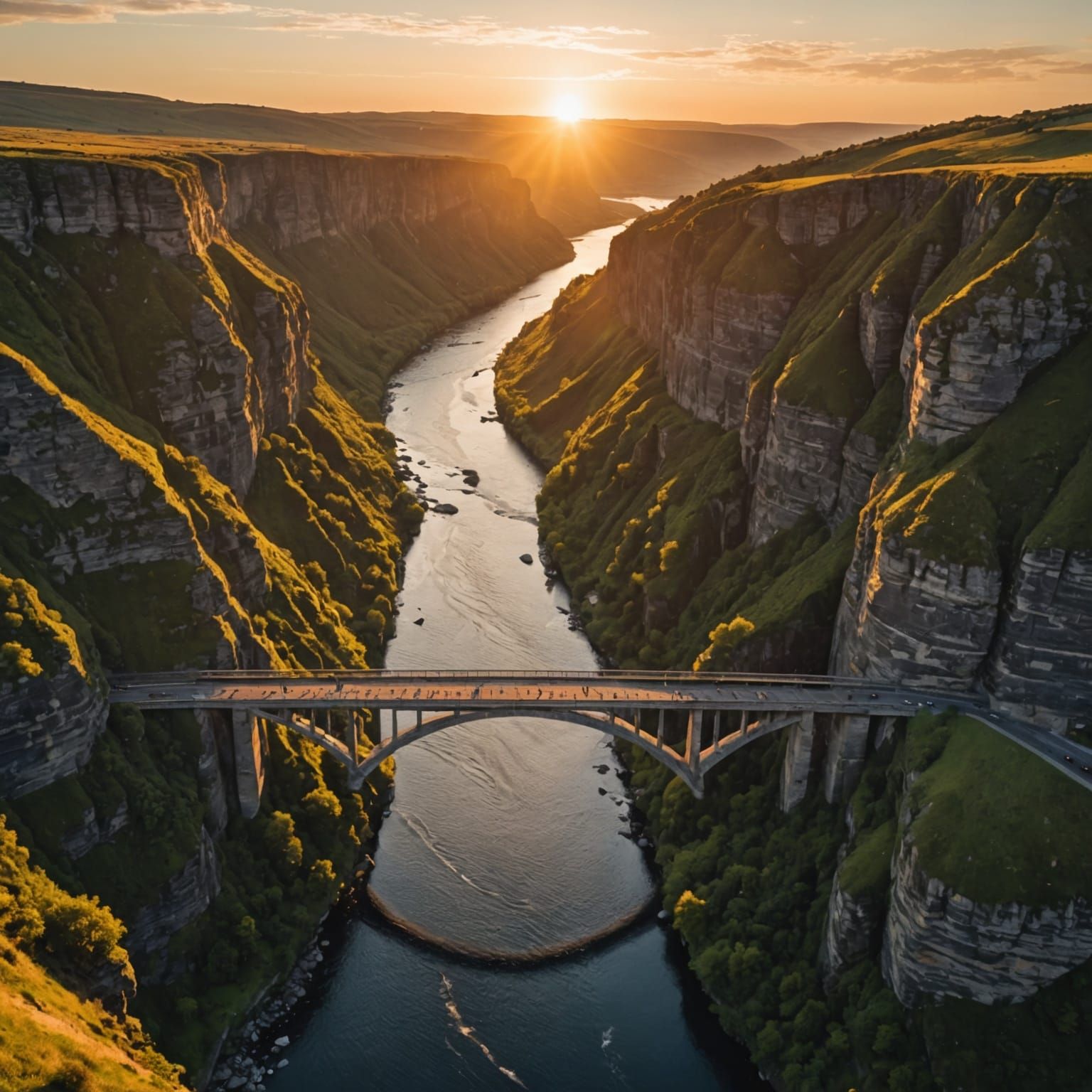 Sunlit Bridge Over River Gorge at Sunset