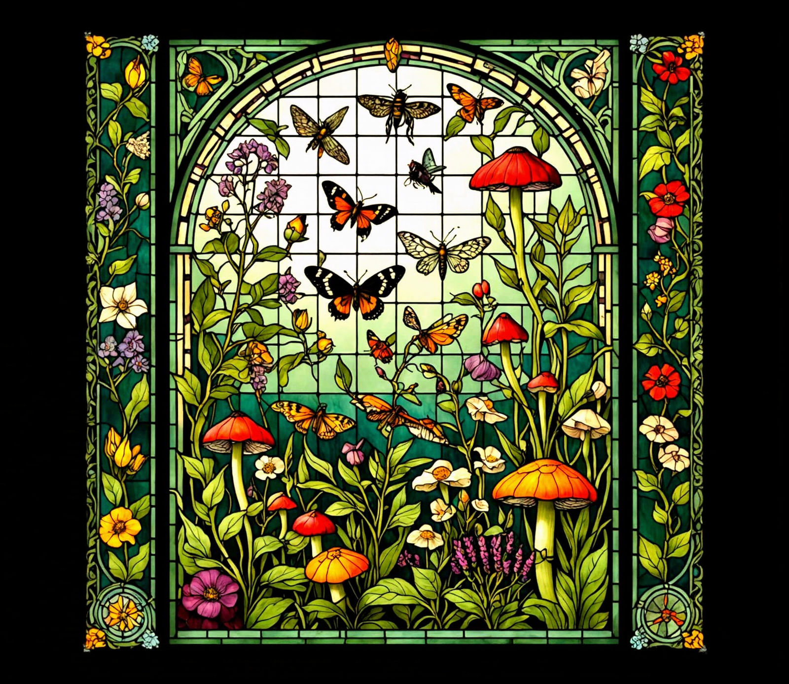 Nature-Themed Stained Glass Print in Fine-Line Blackwork