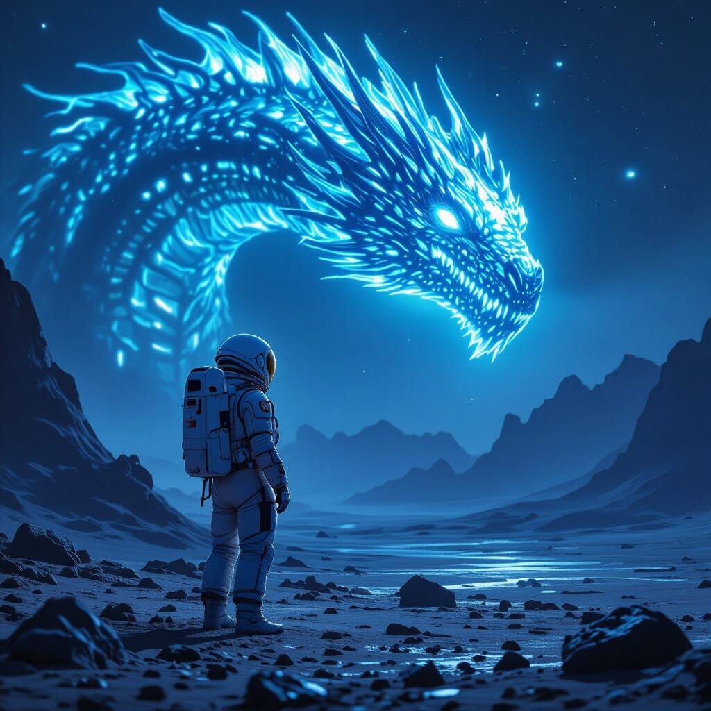 Astronaut Gazes at Giant Bioluminescent Dragon in Cinematic ...