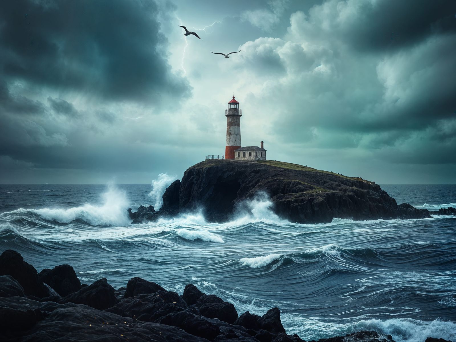 Lighthouse on a Stormy Volcanic Isle