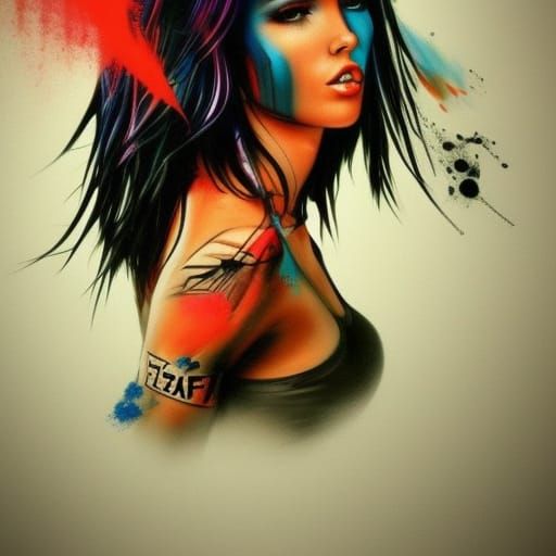 Woman in Graffiti Art Style with Black Hair