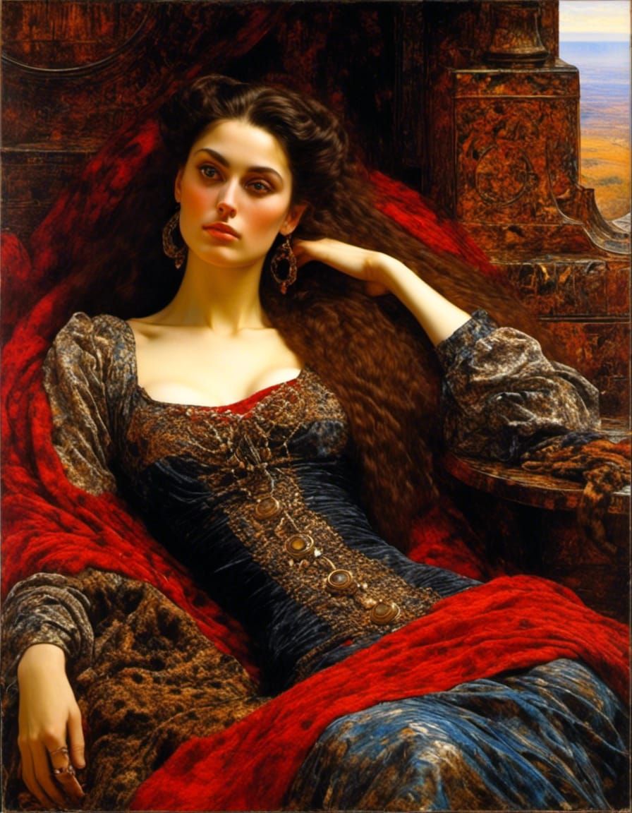 Reclining Dark-Haired Woman in Pre-Raphaelite Style