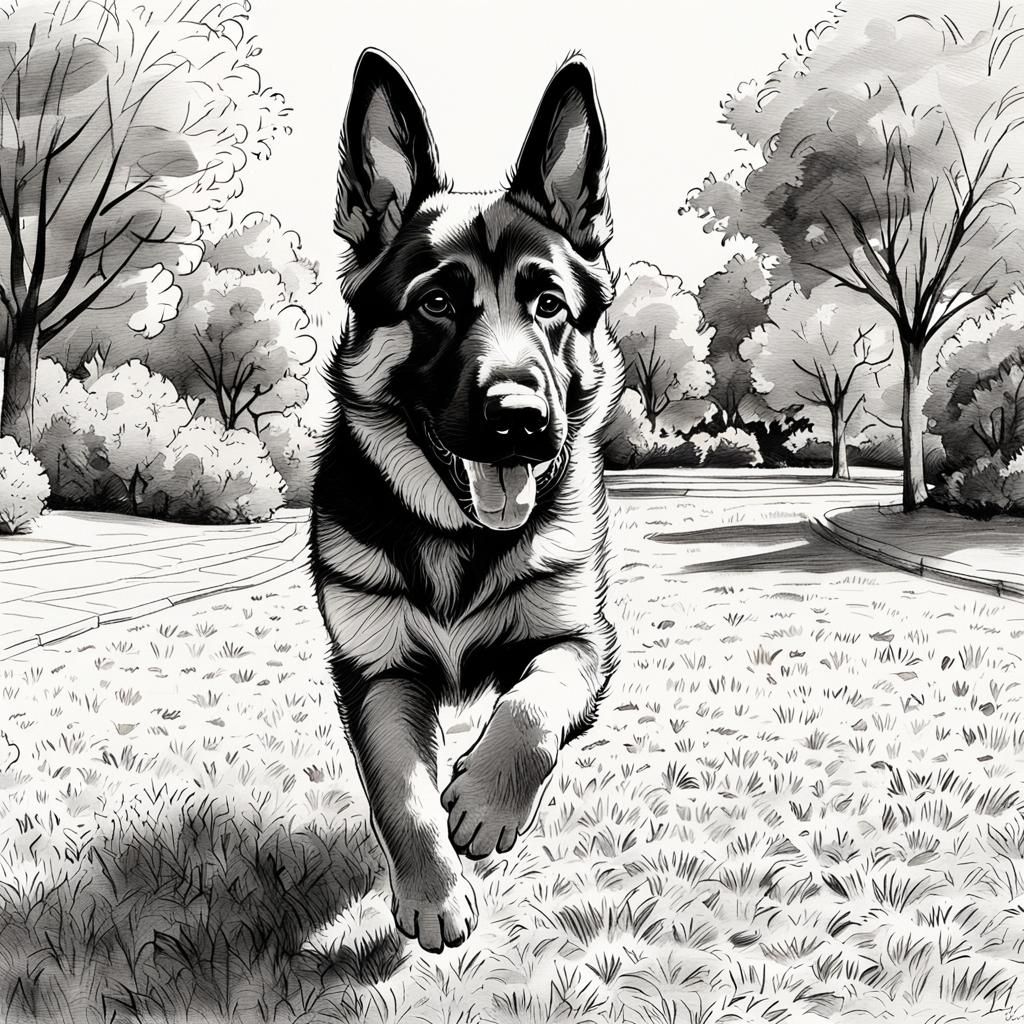 Playful German Shepherd Puppy in Whimsical Doodle Style