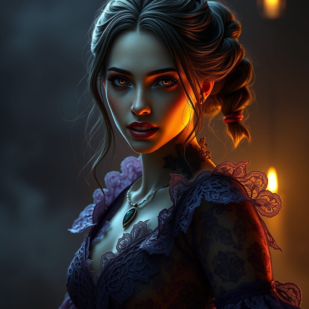 Vampire Girl in Medieval Lace, Dark Fantasy Art