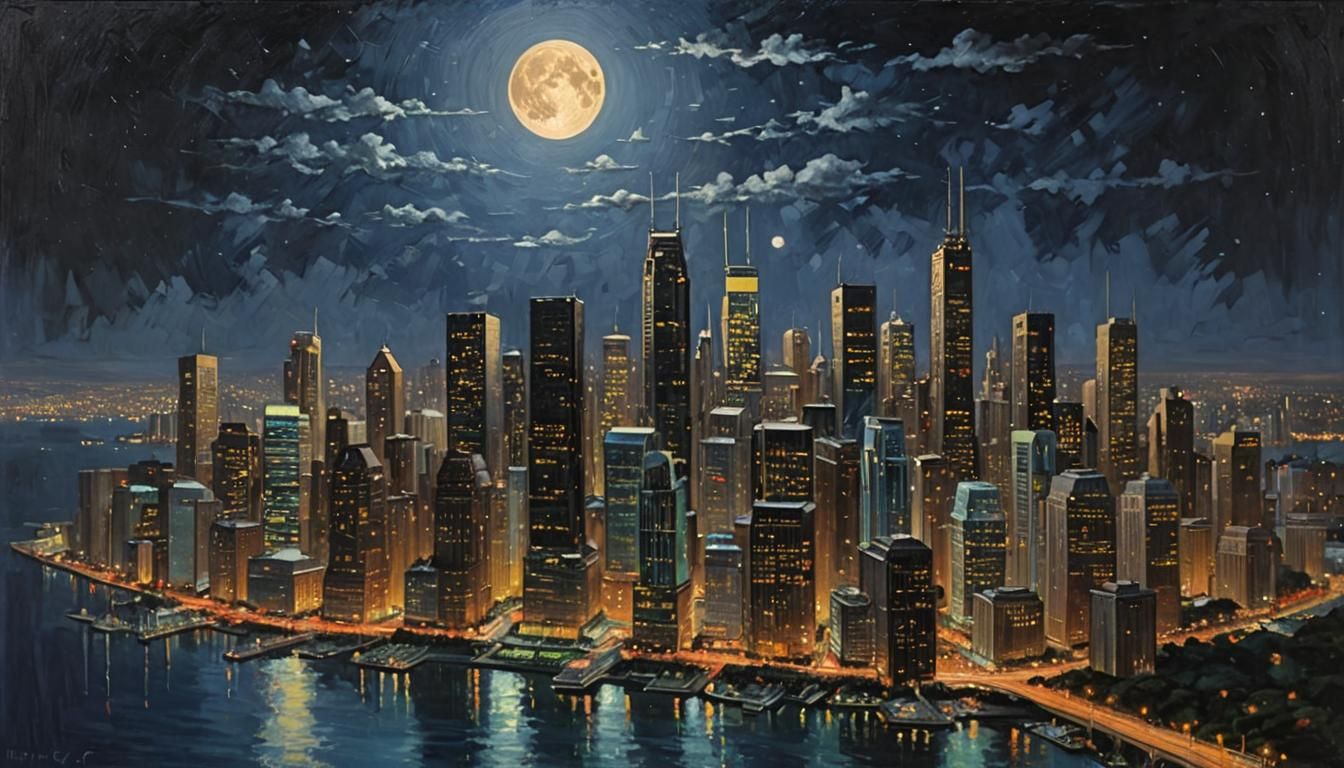 Metropolis Skylines at Night in Oil Painting Style