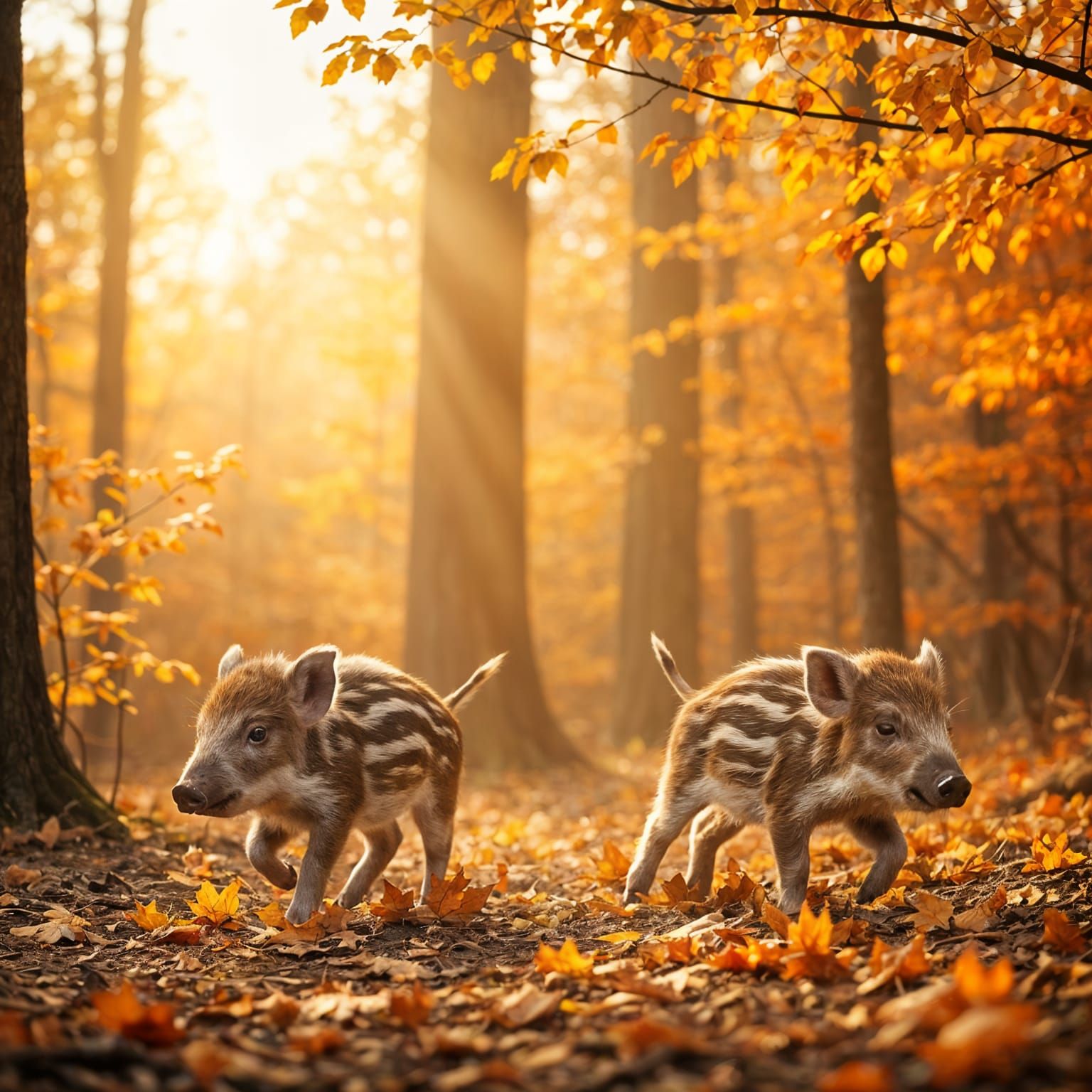Cute Wild Boar Piglets Running Through Autumn Forest