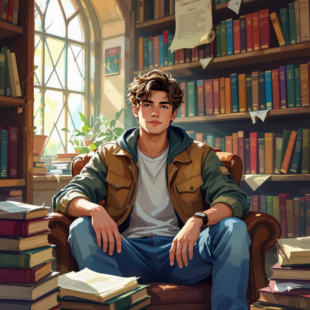 Young Man Reading in Colorful Vintage Library