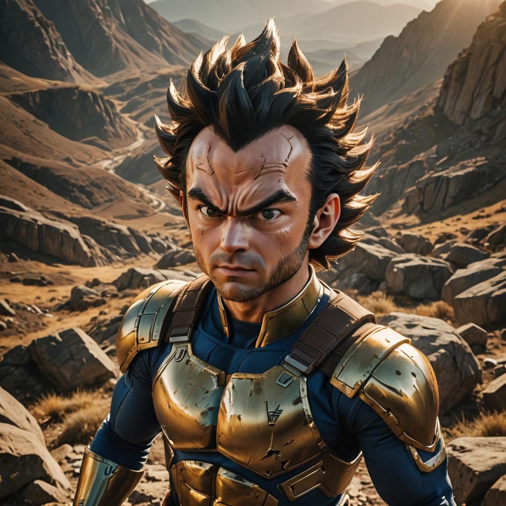 Vegeta Portrait on Rugged Terrain in Cinematic Style