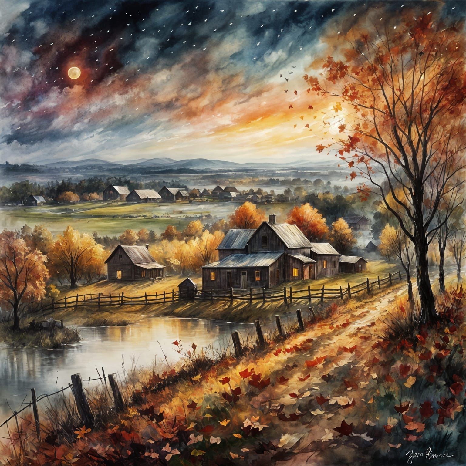 Mystical Autumn Farmhouse Under Twilight Sky