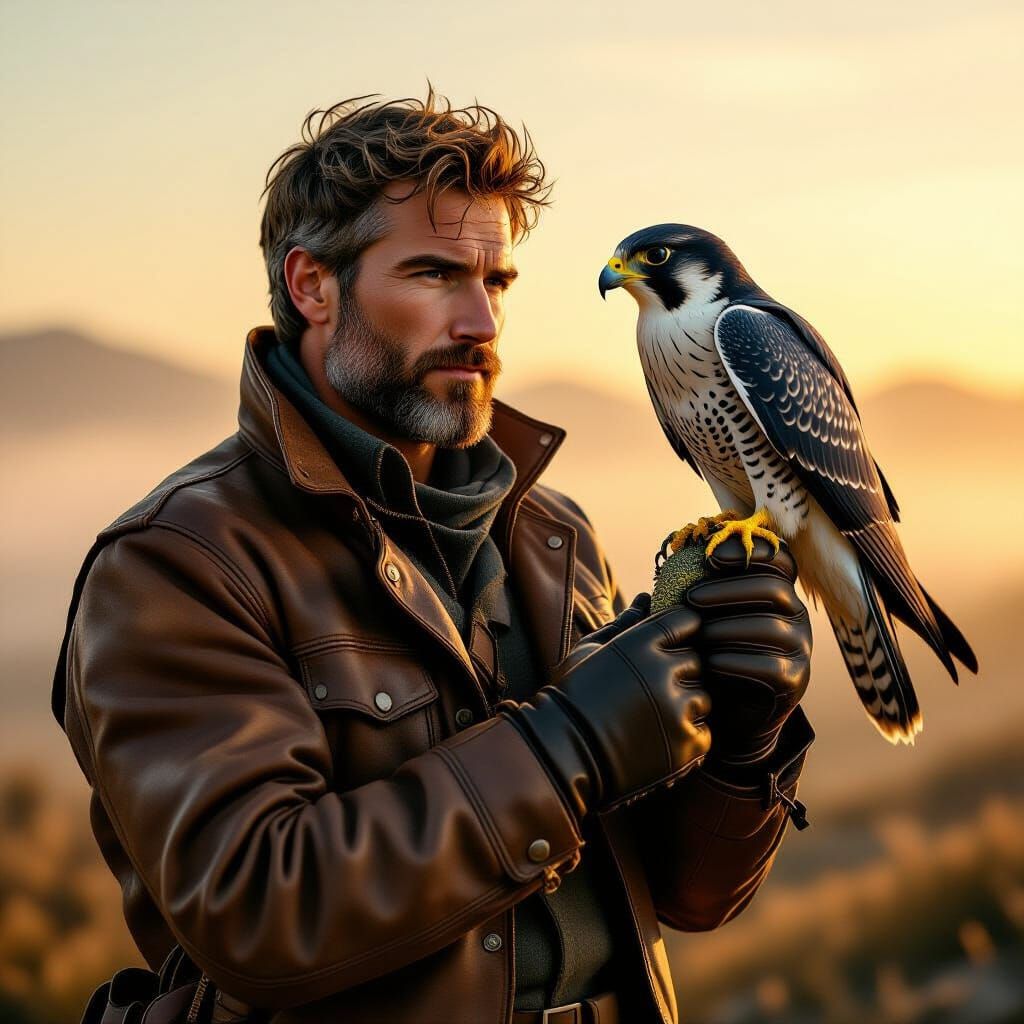 Falconer with Peregrine in Misty Golden Hour Landscape