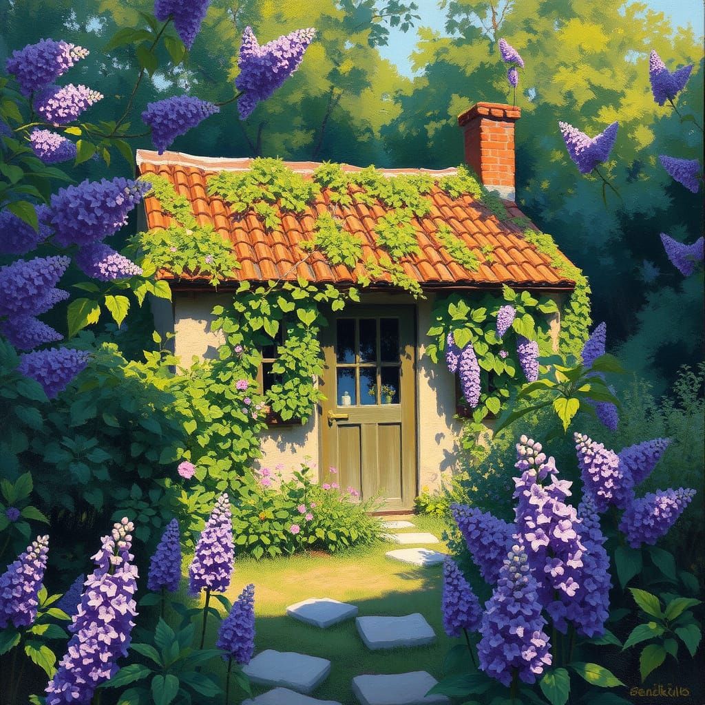 Whimsical Rustic Cottage Basks in Warm Sunlight Amidst Vibra...