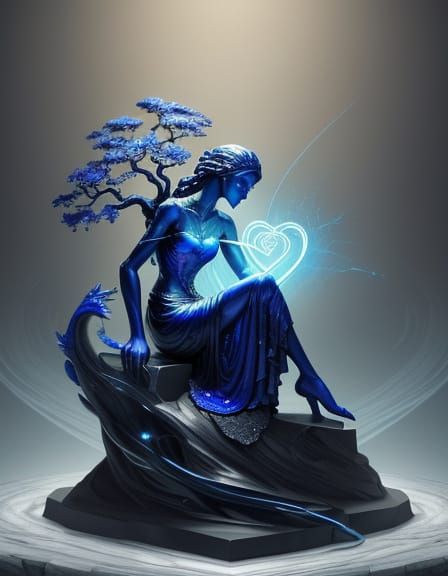 Surreal Lapis Lazuli Dragon Tree Statue with Crystal Branche...