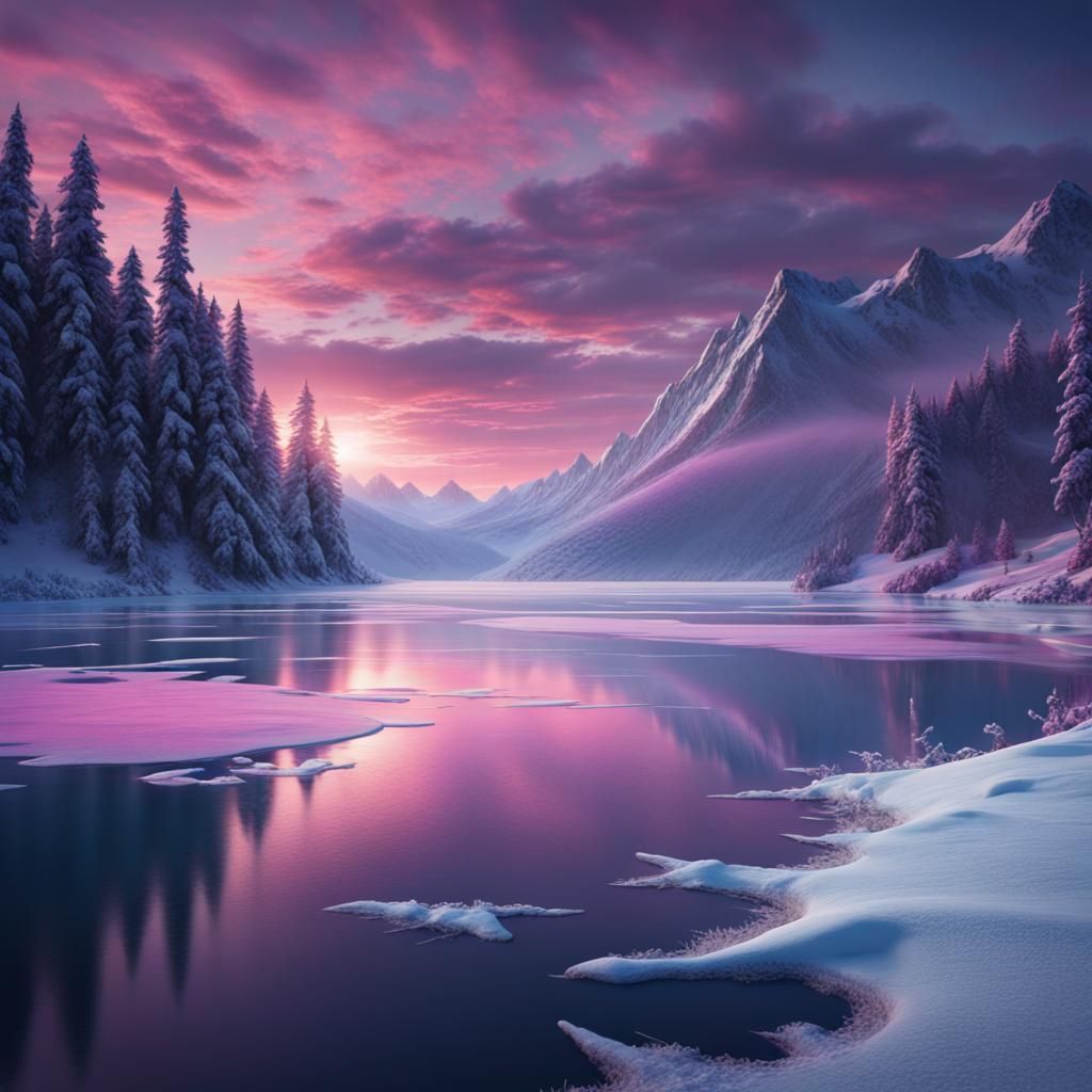 Frozen Lake Reflects a Purple Sunset