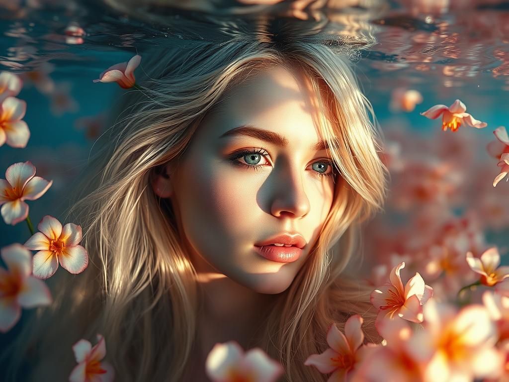 Ethereal Woman Underwater with Floating Flowers