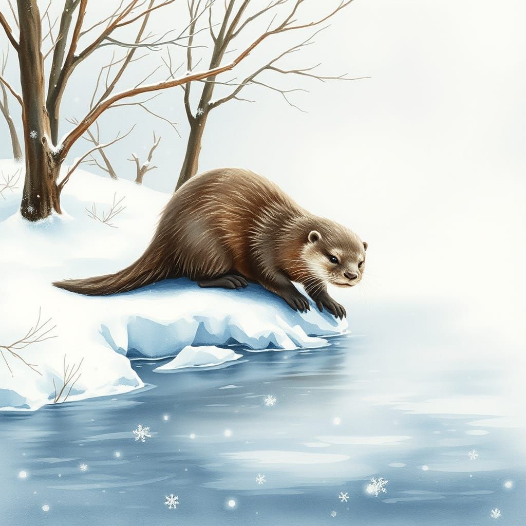 Serene Winter Otter Scene in Whimsical Watercolour