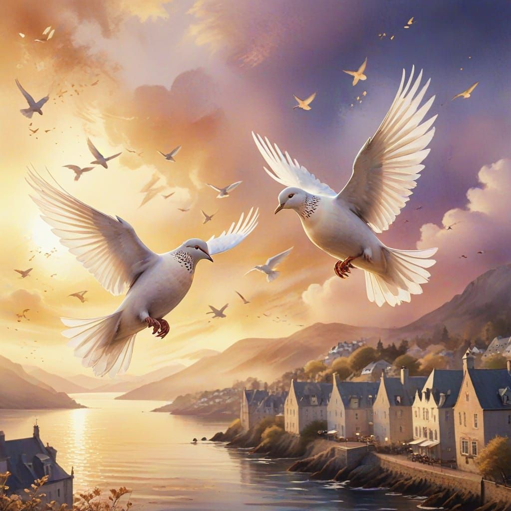 Doves Fly Over Oban in Watercolor Style