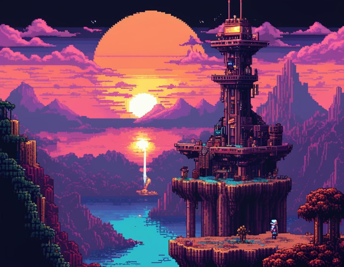 Retro Pixel Art Spaceship Flies Towards Sunset