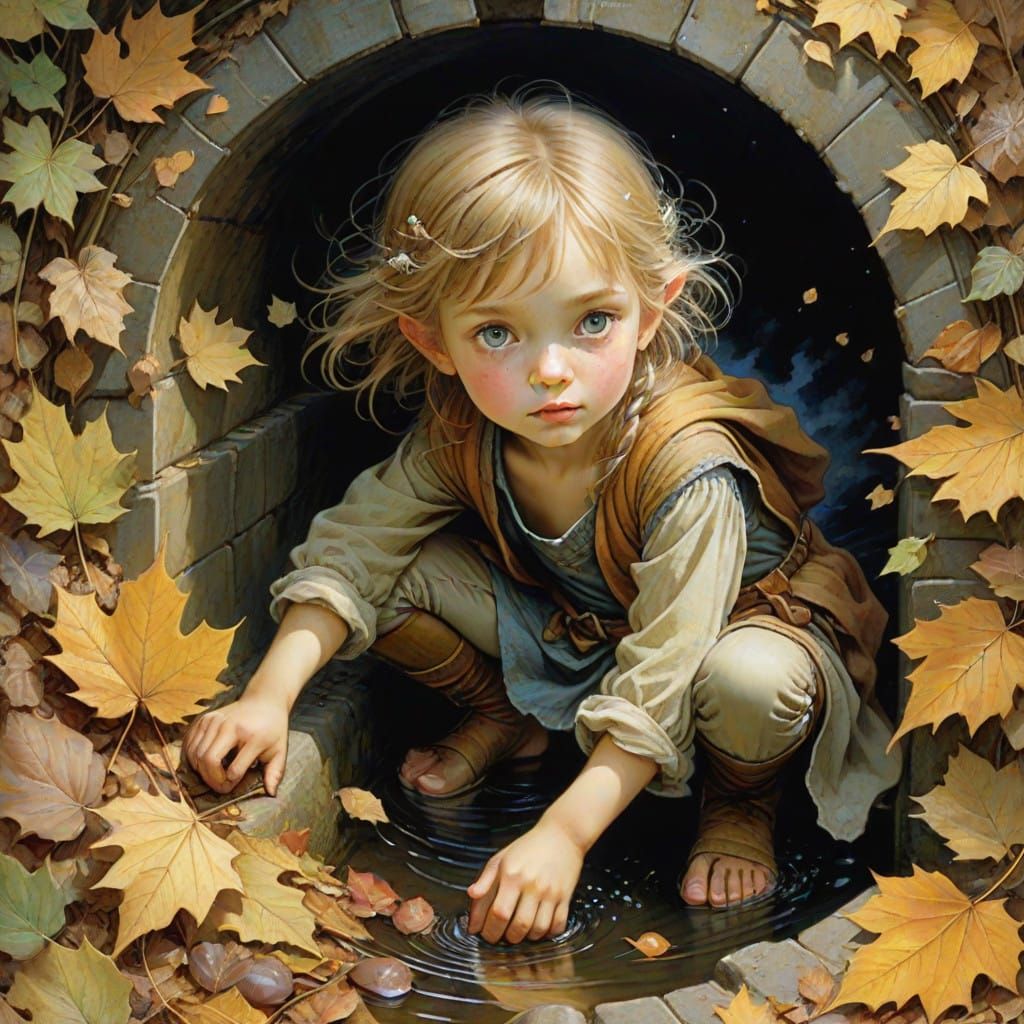 Child Peers Down into Autumn Storm Drain in Whimsical Style