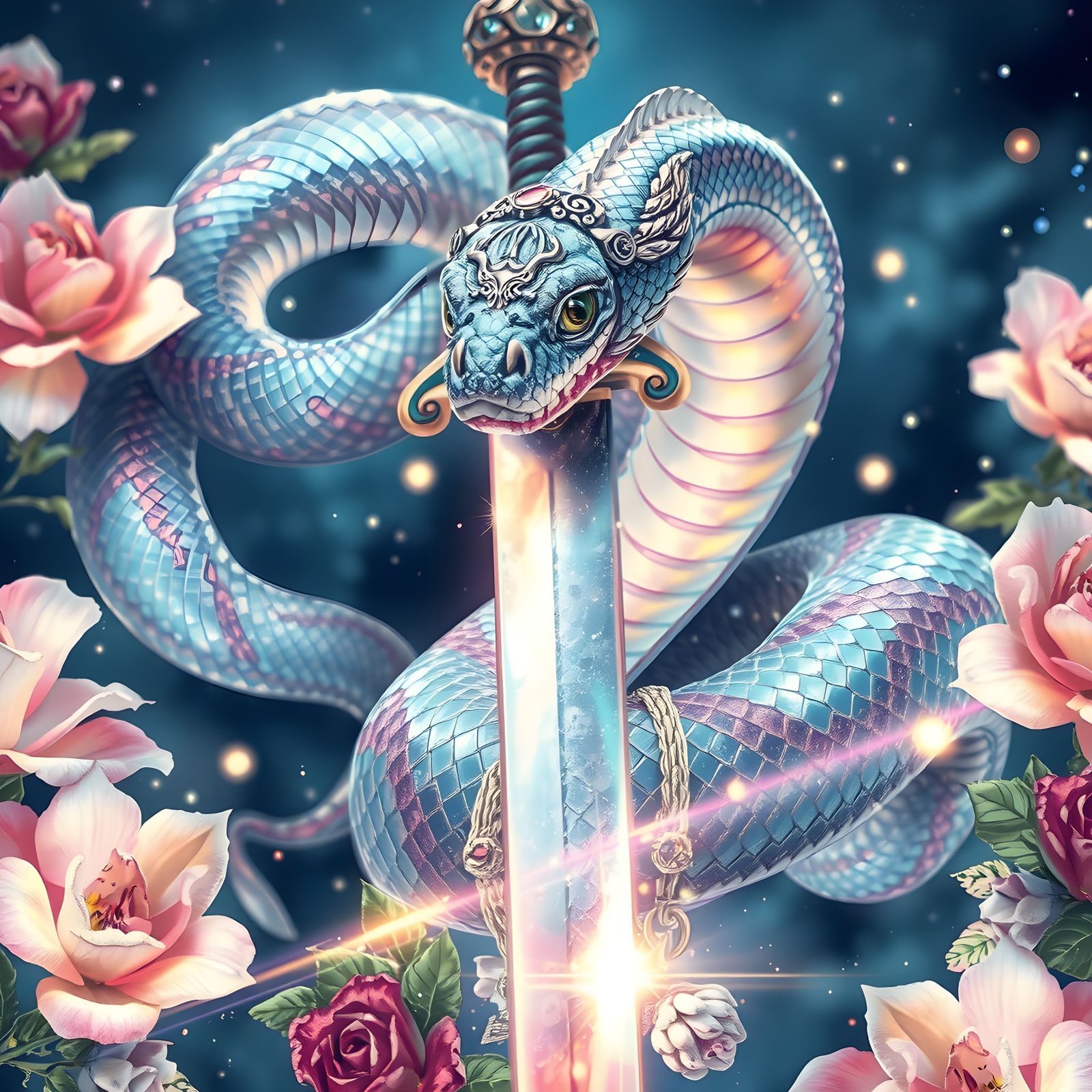 Holographic Snake with Sword in Watercolor Style