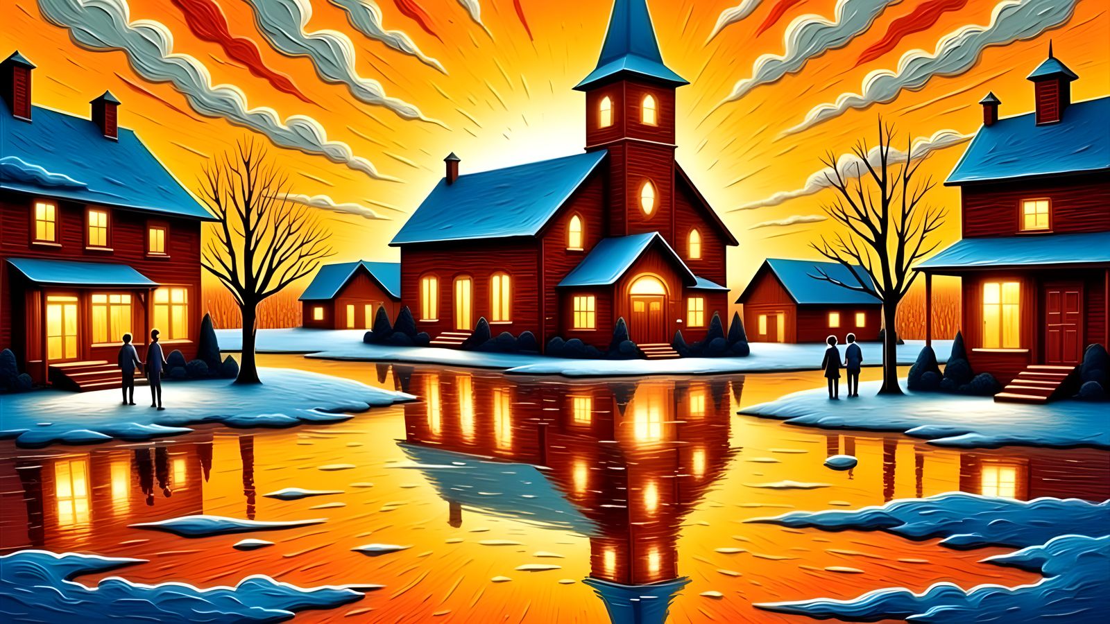 American Town Square Painting in Impressionist Style