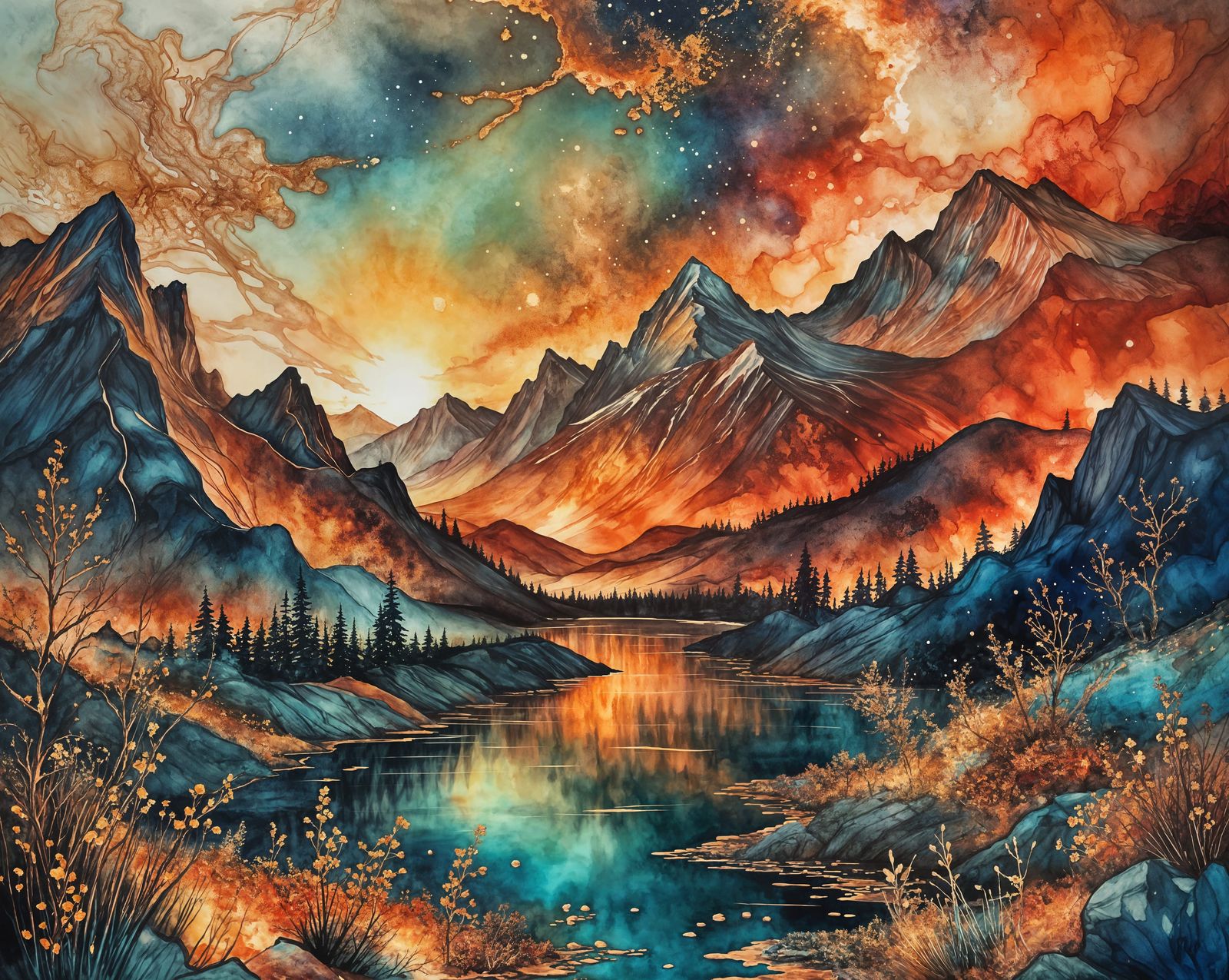 metallic mountain lake, Landscape