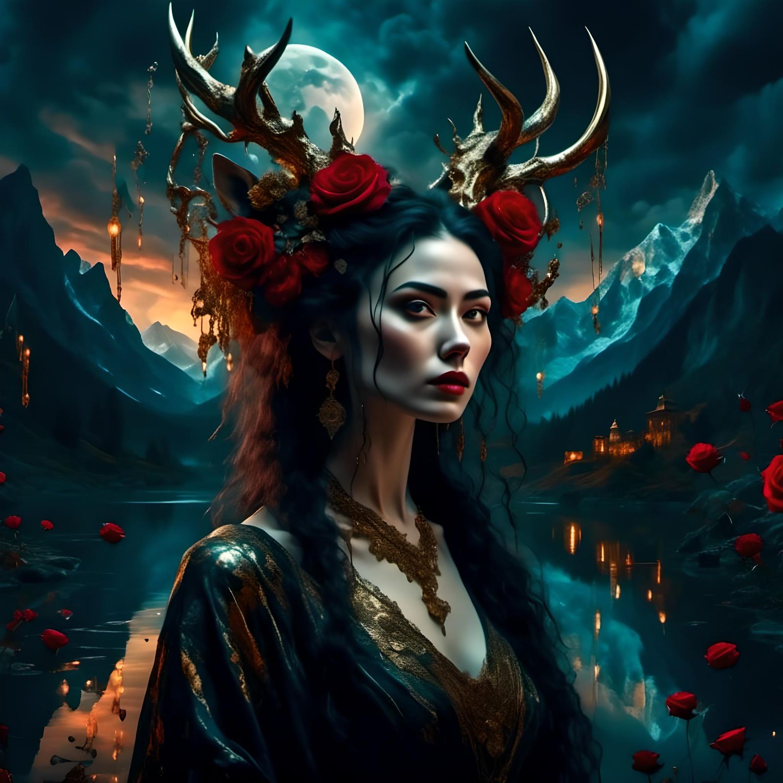 Enigmatic Gothic Beauty with Intricate Horns and Dark Fantas...