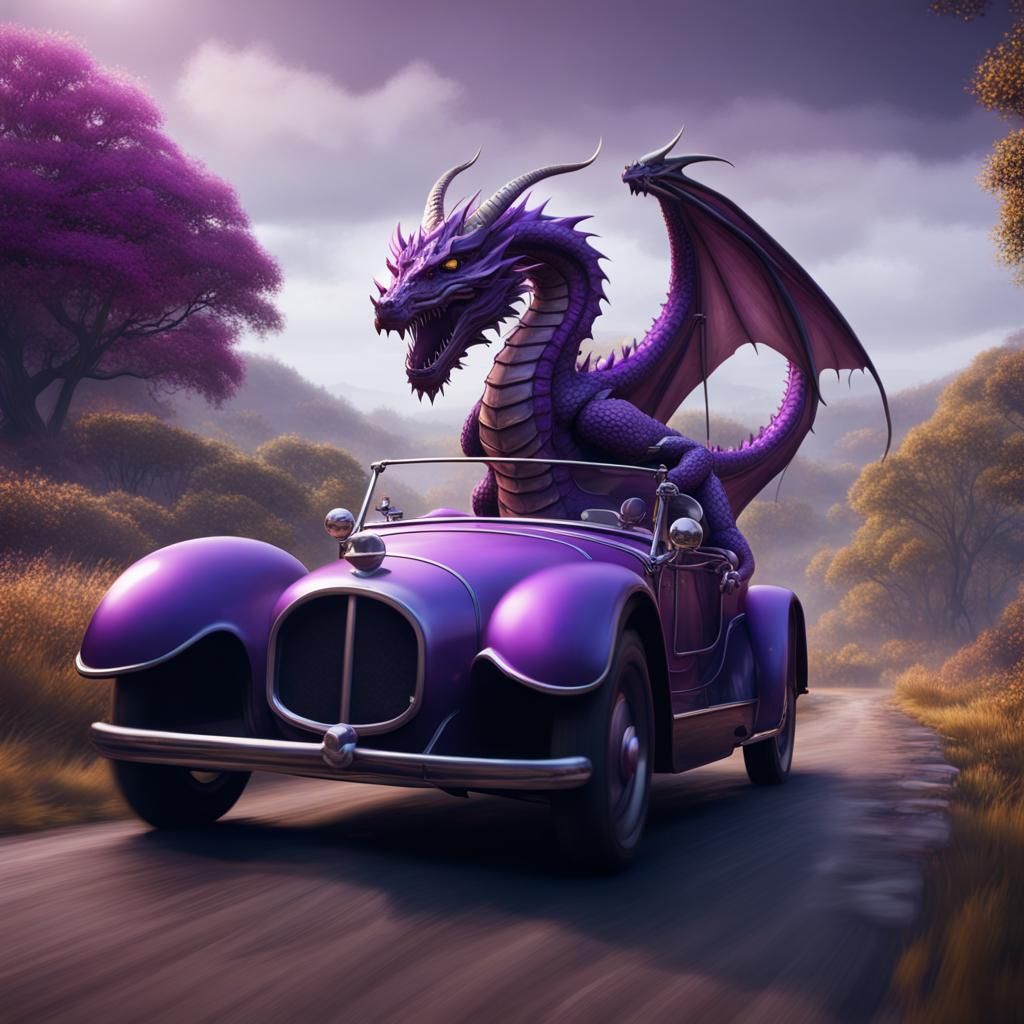 Purple Dragon Drives Car: Fantastical Concept Art