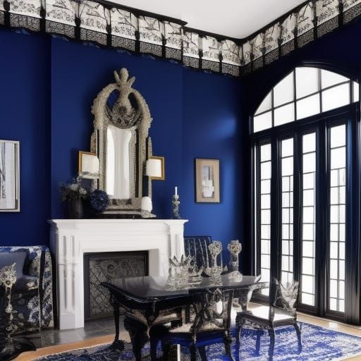 Ethereal cobalt blue gothic penthouse with Black frames& Black Gothic windows& Black Gothic mirrors& gothic Chandelier& ...