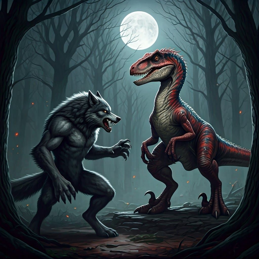 Epic Battle: Velociraptor vs Werewolf in Matte Painting Styl...