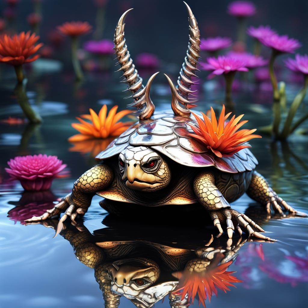 titanium wire body of an hybrid humanoid turtle snake skeleton with horns, spikes, and sparkly in eyes, 4 legs intricate...