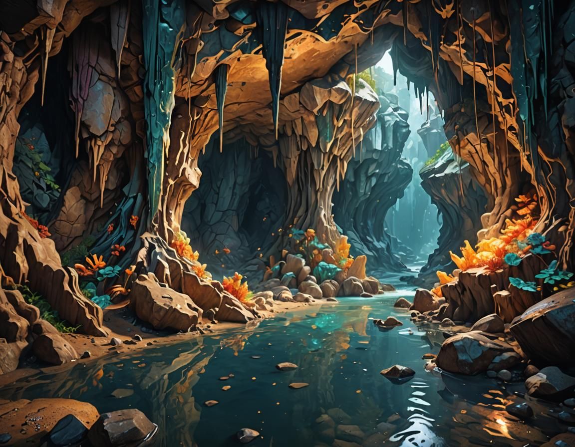 Hyperrealistic Cave with Stalactites and Water Stream