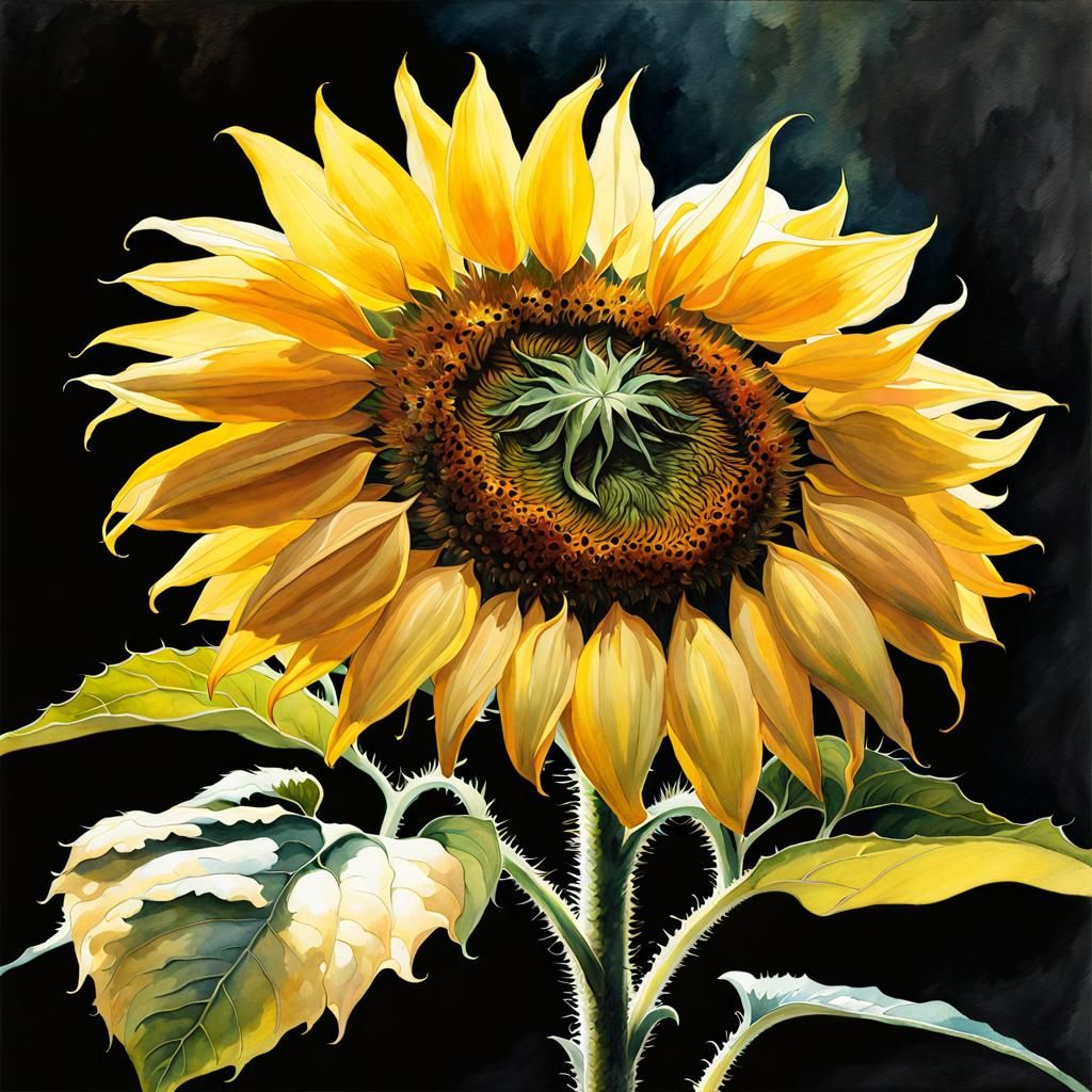 Botanical Sunflower Print in Watercolor Art Deco Style