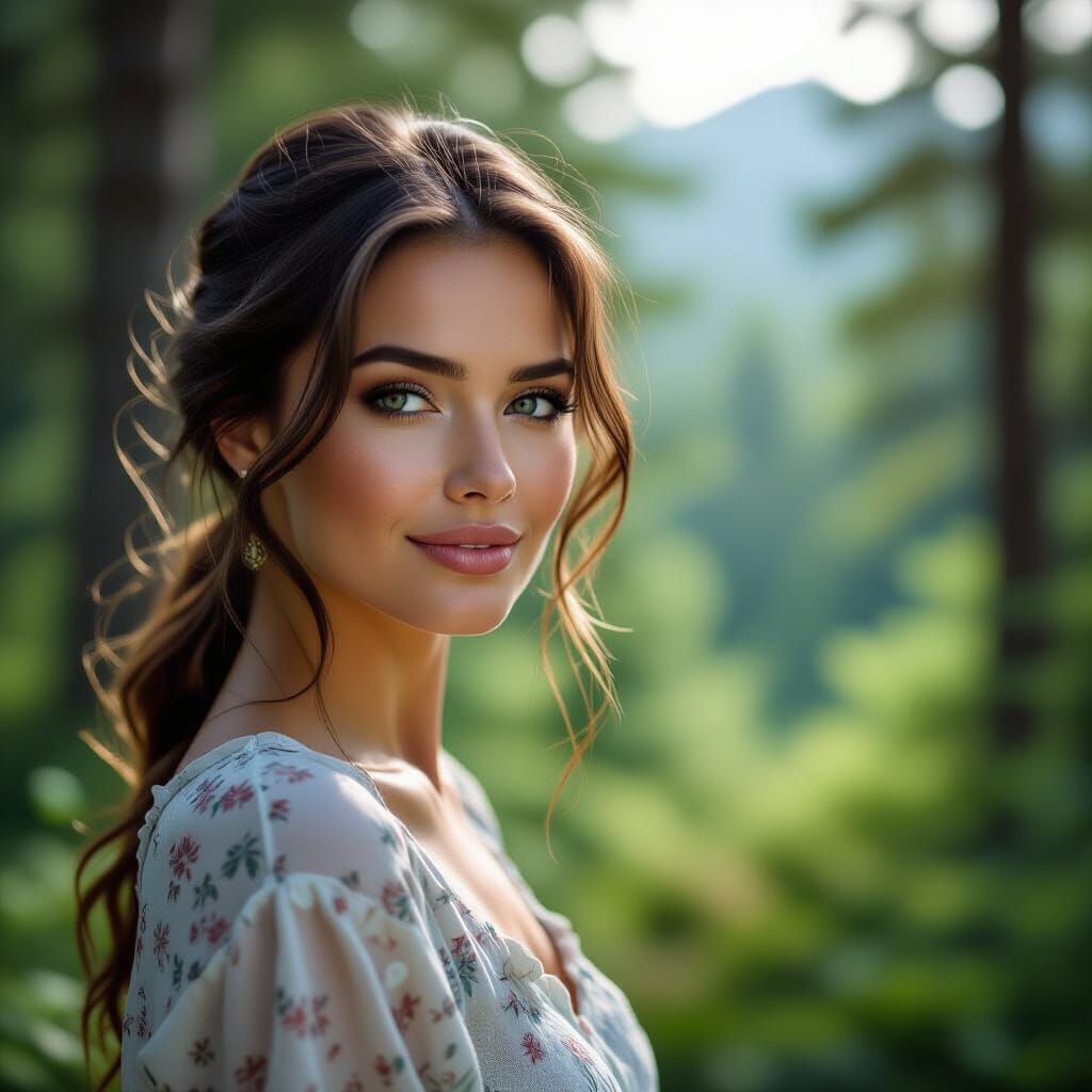 Beautiful Woman in Forest Landscape Portrait