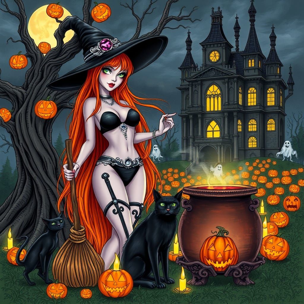 Mystical Witch with Cauldron, Halloween Night Scene
