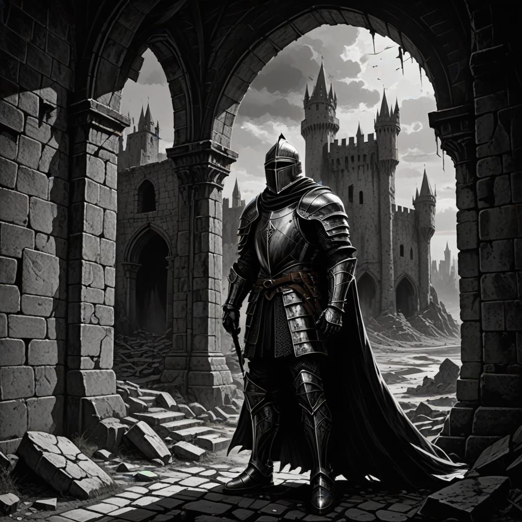 Knight in Ruined Castle, Engraving Style