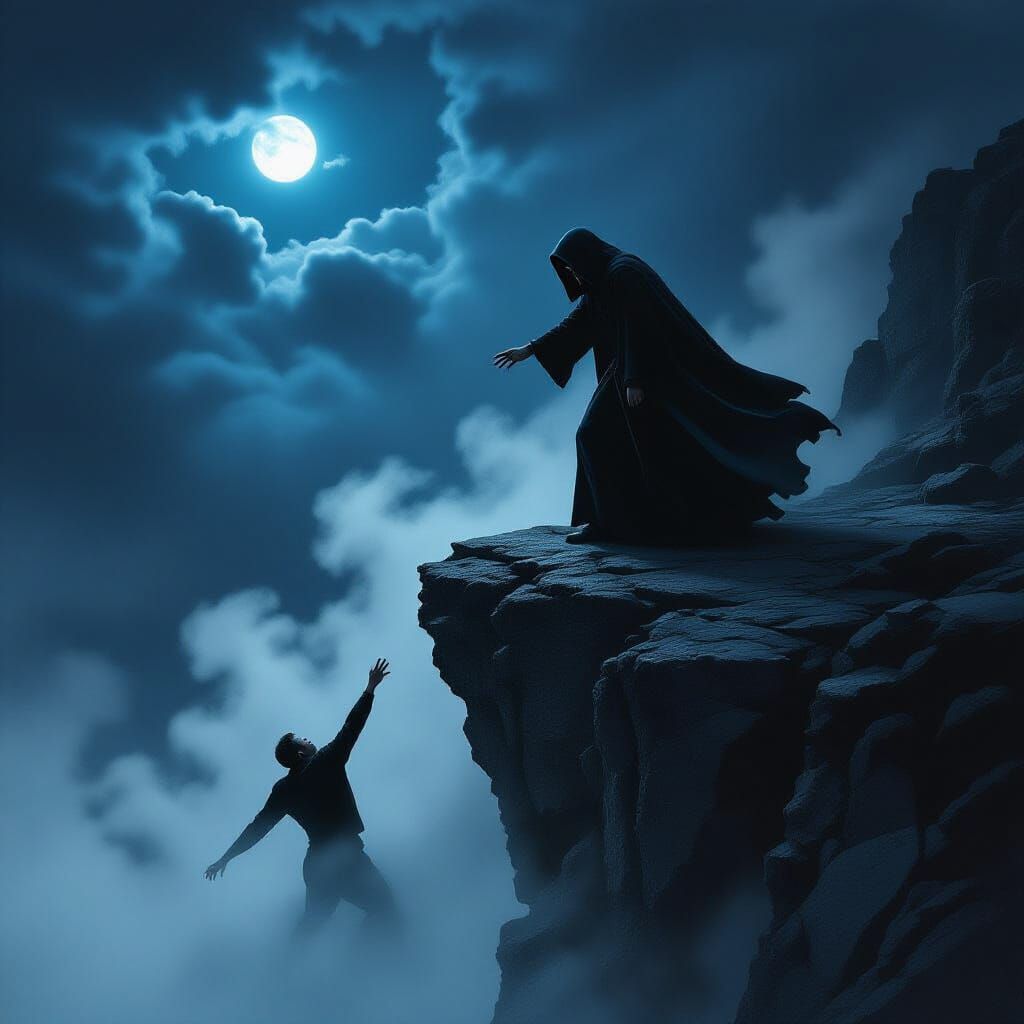 Ominous Cliffside Scene with Cloaked Figure