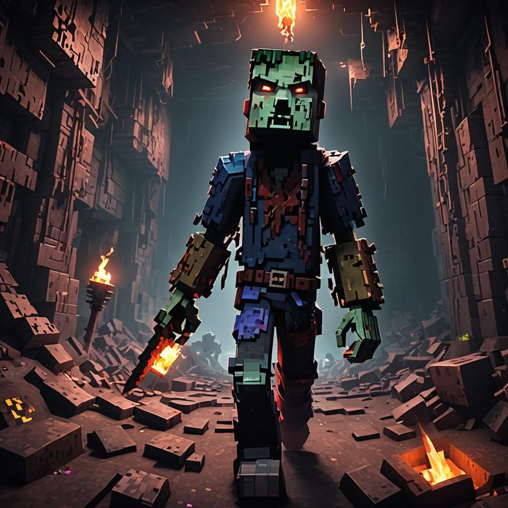 Minecraft Zombie Emerges from Dark Mine in 3D