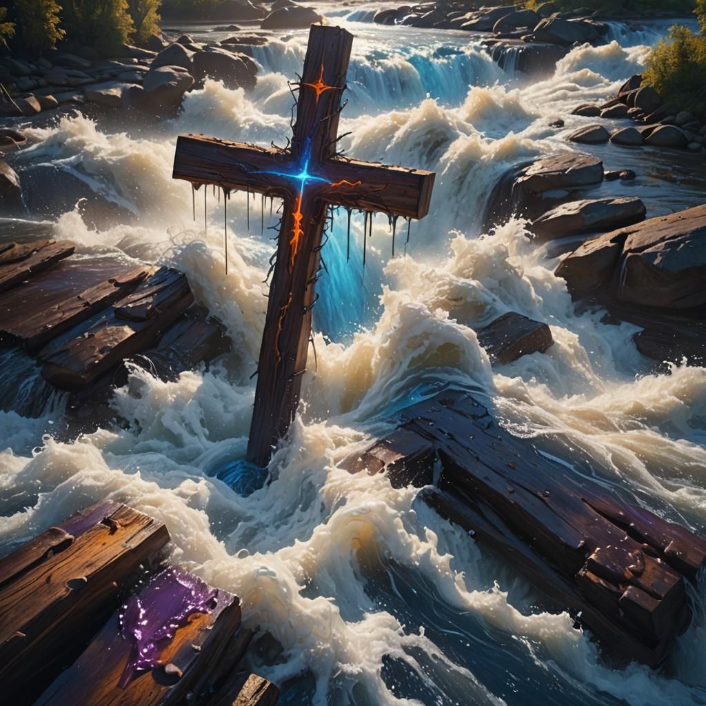 Cross Stands Firm in Rapids: Fantasy Concept Art
