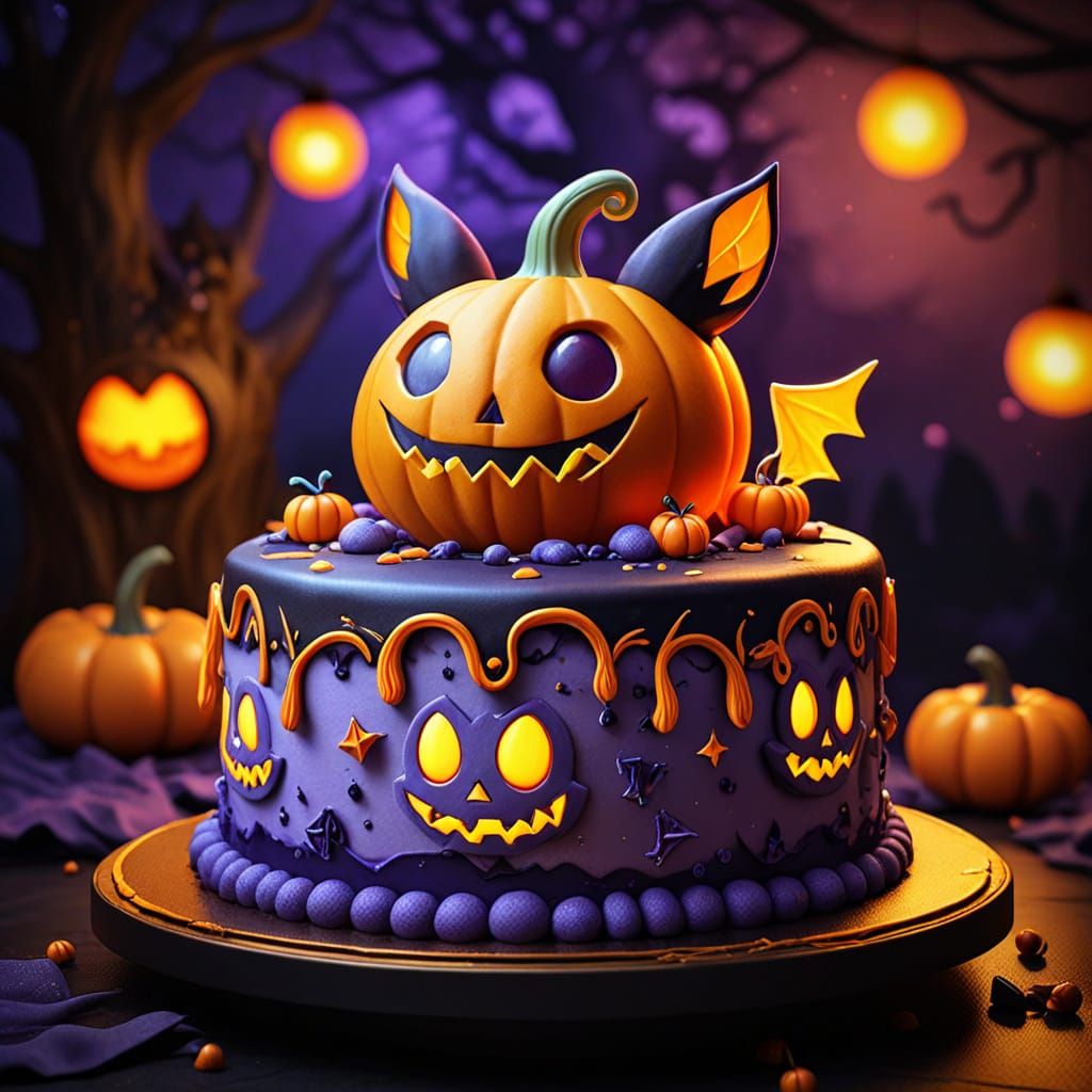 Halloween Pokémon Cake in Digital Painting Style