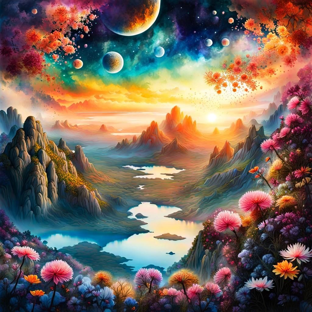 Chaotic Alien Landscape in Watercolour Style