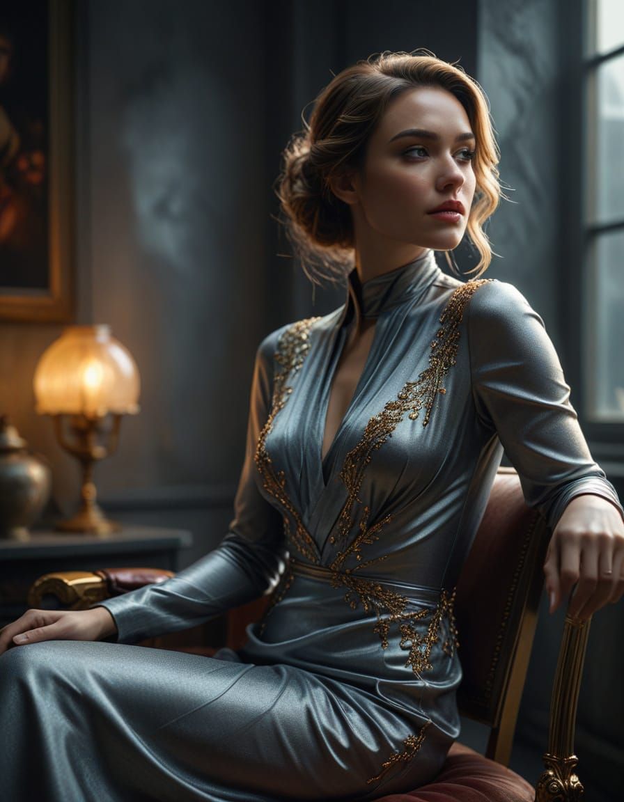 Elegant Woman in Grey Gown: Hyperrealistic Glamour Shot