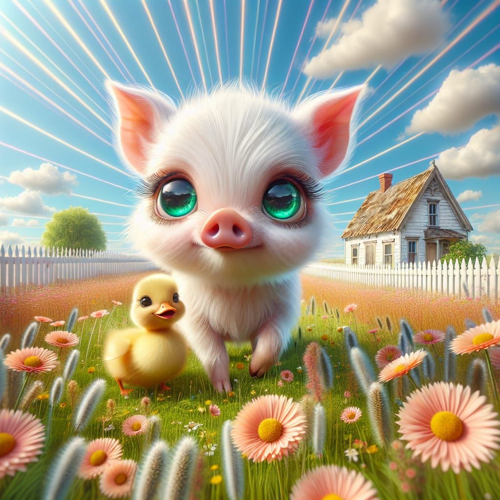Charming Piglet and Duckling in a Wildflower Field