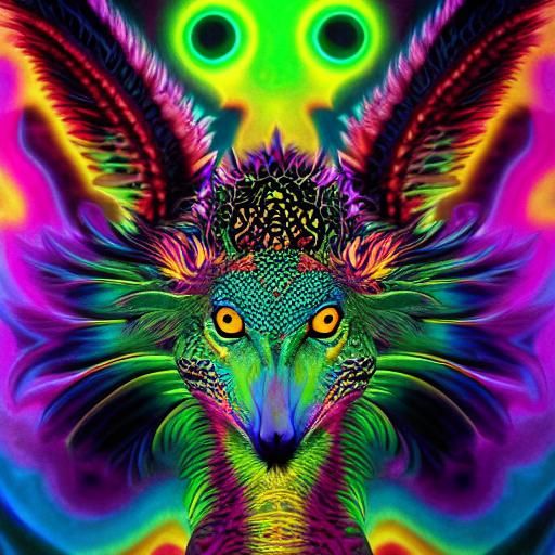 chimera or hybrid of ostrich, leopard, peacock, and lizard