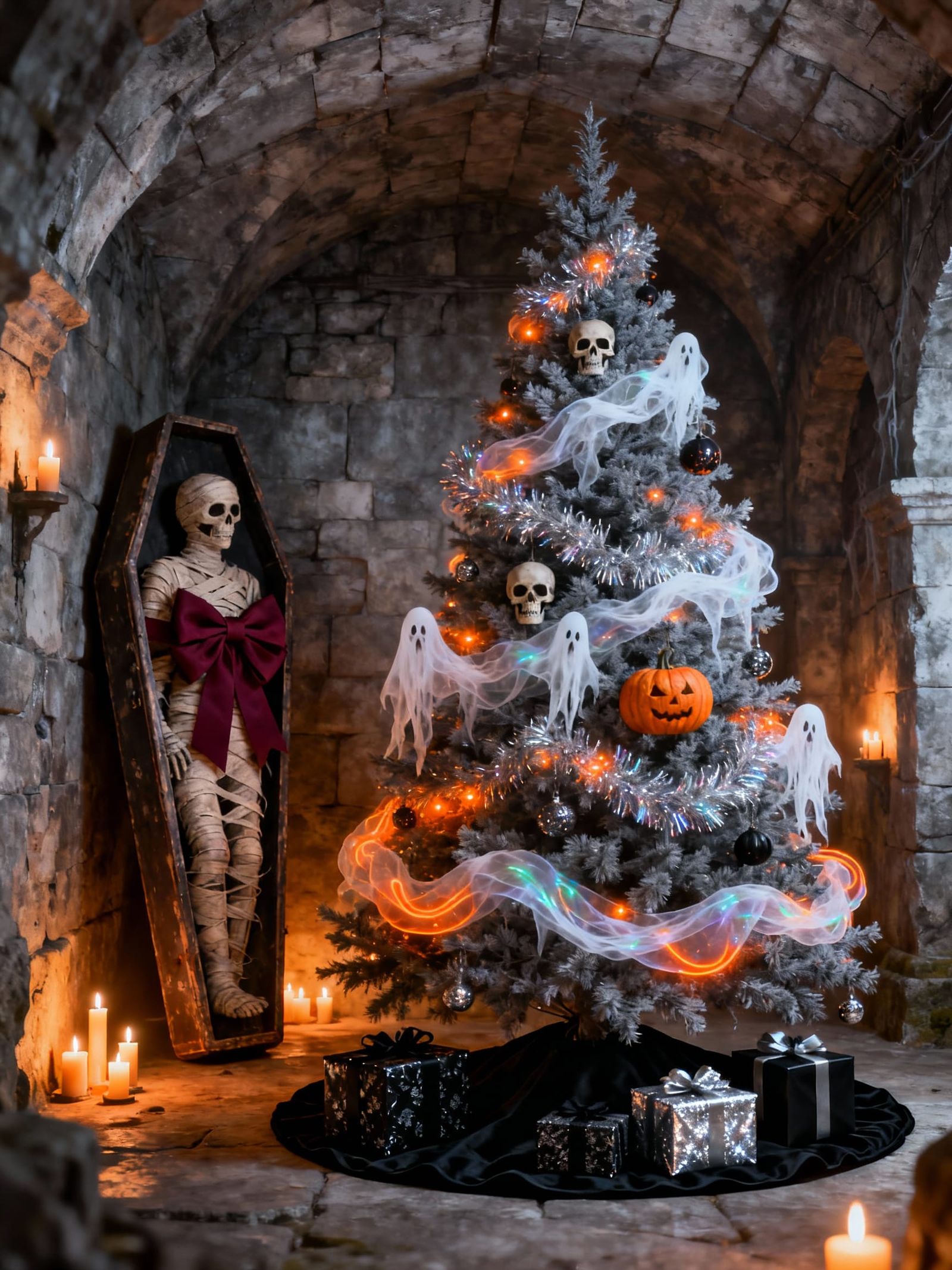 Festive Dungeon Christmas Tree with Mummy Coffin