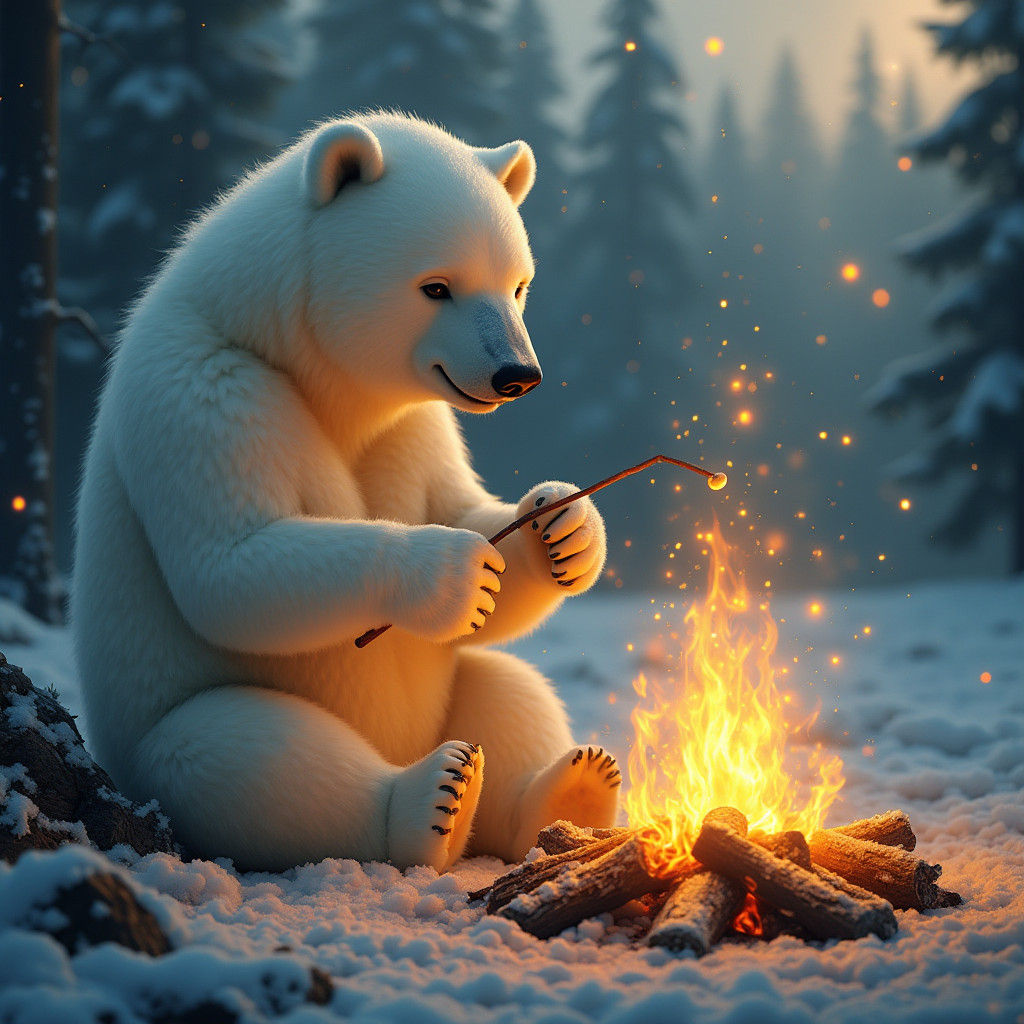 Polar Bear Roasting Marshmallows at Campfire