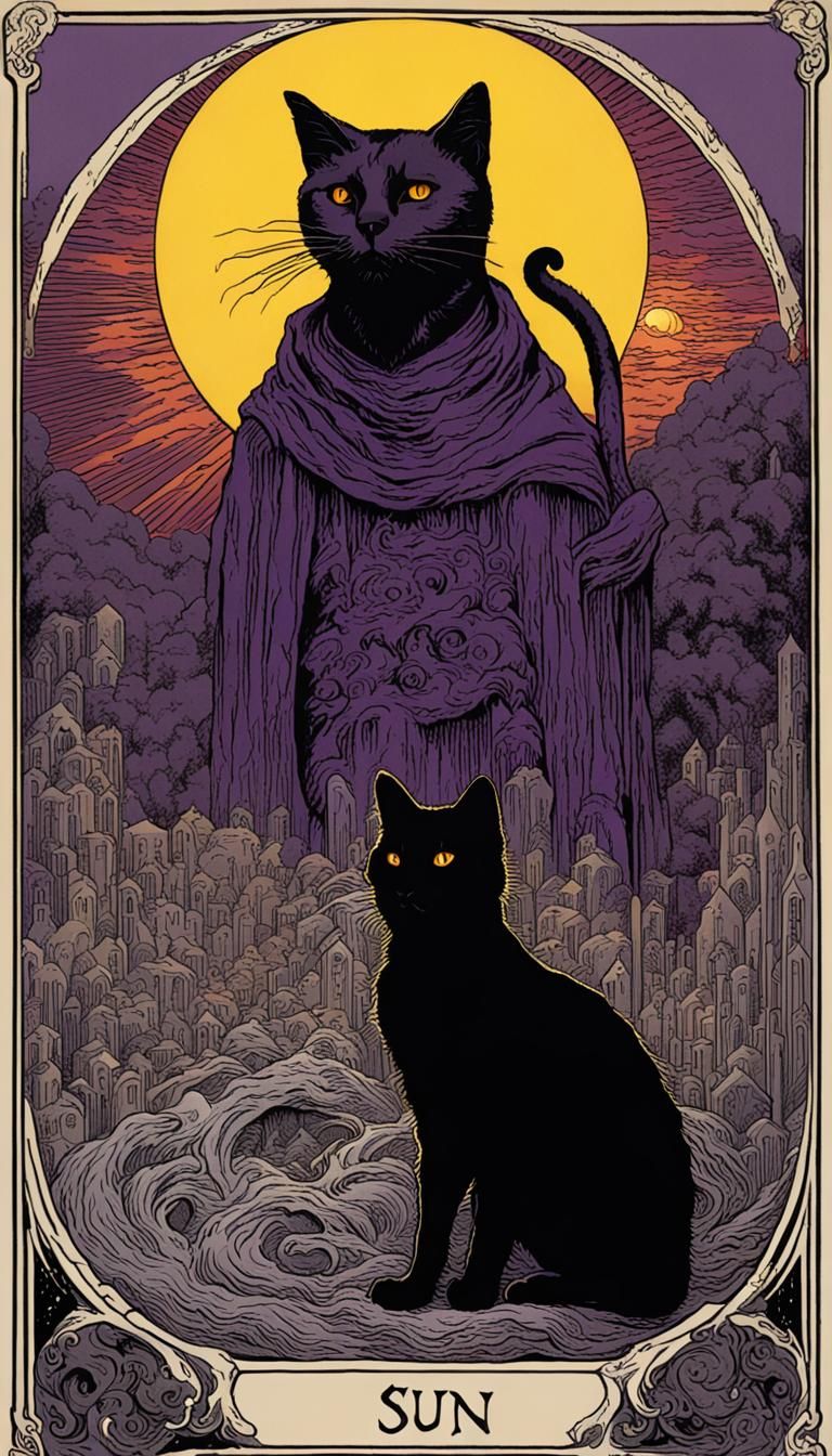 Black Cat Reaching for Sun in Tarot Card