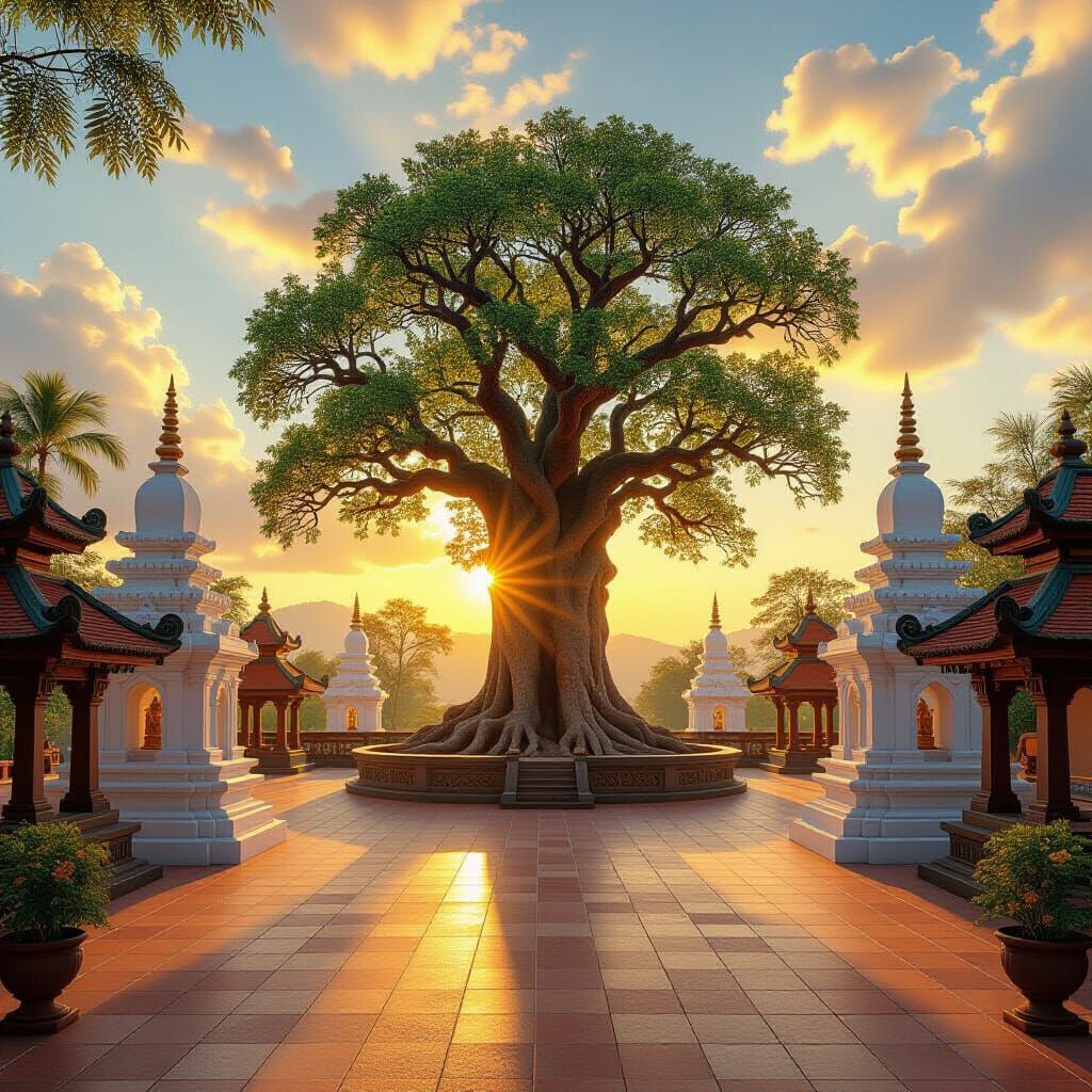 Golden Sunrise Over Sri Lankan Buddhist Temple With Bo Tree